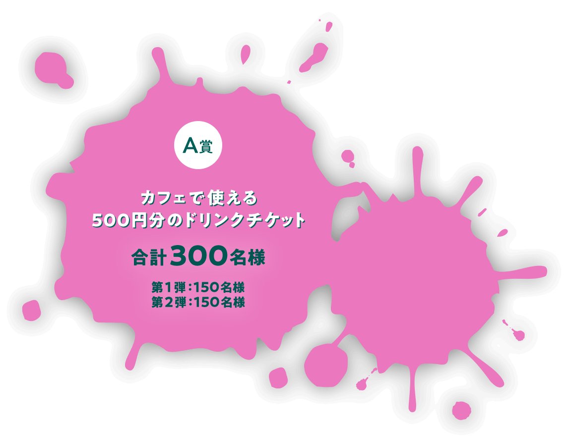 A賞カフェで使える500円分のドリンクチケット 合計300名様 第1弾：150名様 第2弾：150名様