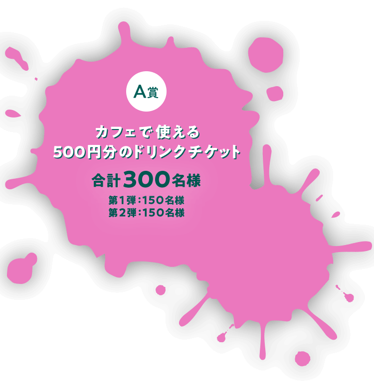 A賞カフェで使える500円分のドリンクチケット 合計300名様 第1弾：150名様 第2弾：150名様